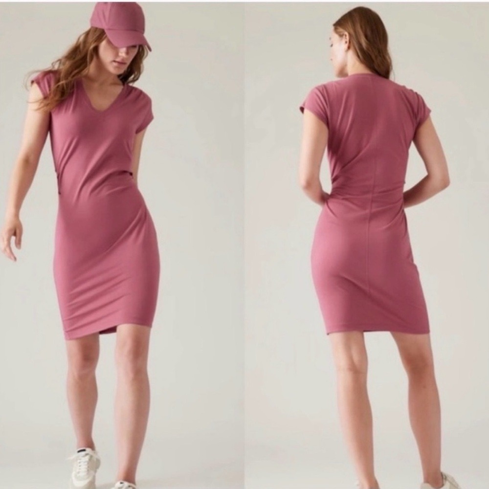 Athleta Effortless V-Neck Ruched Mini Dress Mauve Pink S 613933-01